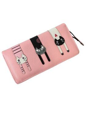 Pink Vinyl Cute Cat Wallet Change Purse 7.5" x 4
